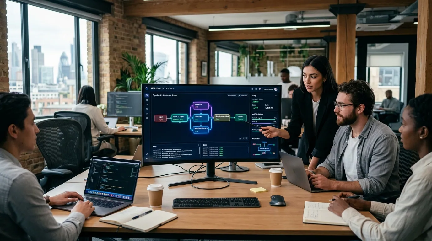 AI automation operations and workflow pipeline dashboard displayed on a large office desktop monitor during a team strategy session.