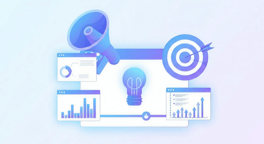 Marketing strategy illustration with a megaphone, target, lightbulb, and analytics charts.