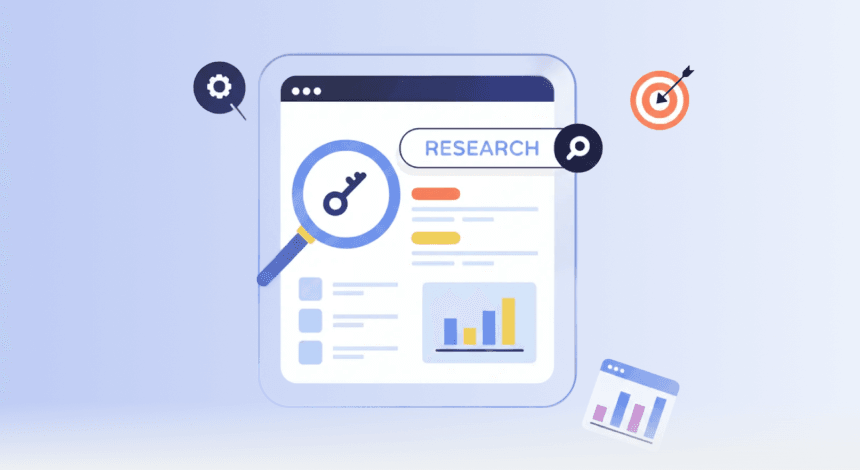 Keyword research illustration with a magnifying glass over a webpage labeled Research.