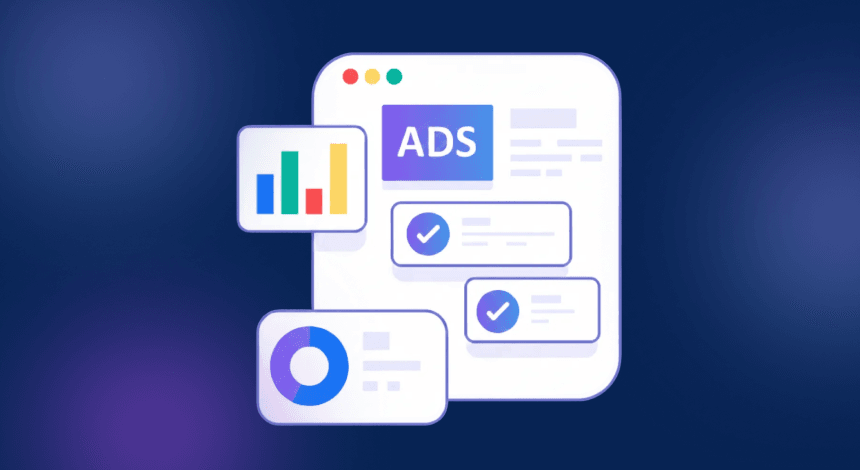 Google Ads illustration with ad cards, charts, check marks, and the text ADS.