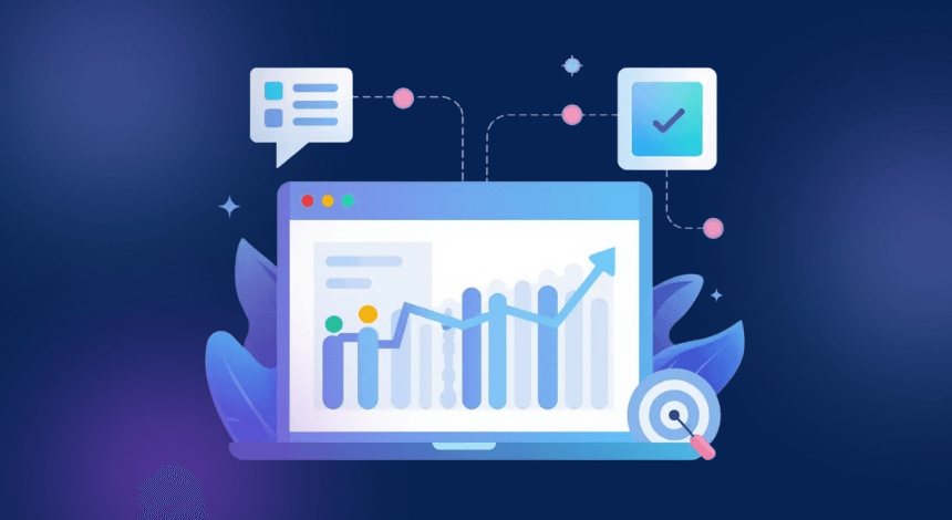 Performance reporting illustration with a laptop showing an upward trending chart and analytics icons.
