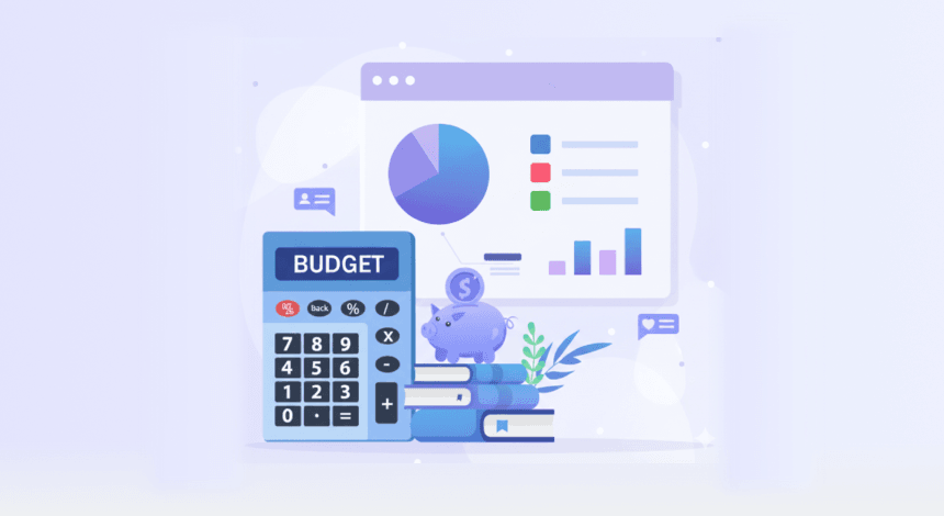 Budget control illustration with a calculator labeled Budget, charts, coins, and a campaign dashboard.