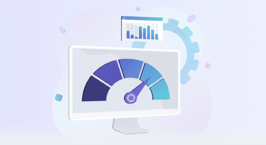 Conversion tracking illustration with a monitor showing performance gauge and analytics chart.