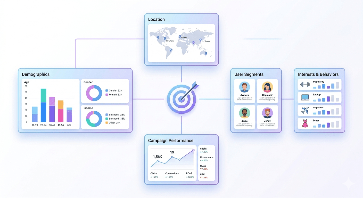 Audience targeting illustration with demographic charts, customer segments, a map, and a target icon.