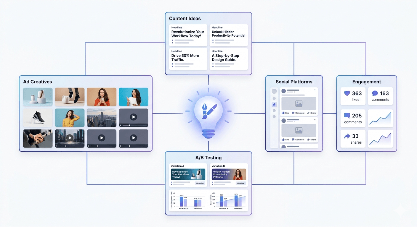 Creative strategy illustration with ad creative thumbnails, a content brief, social platform cards, and engagement metrics.