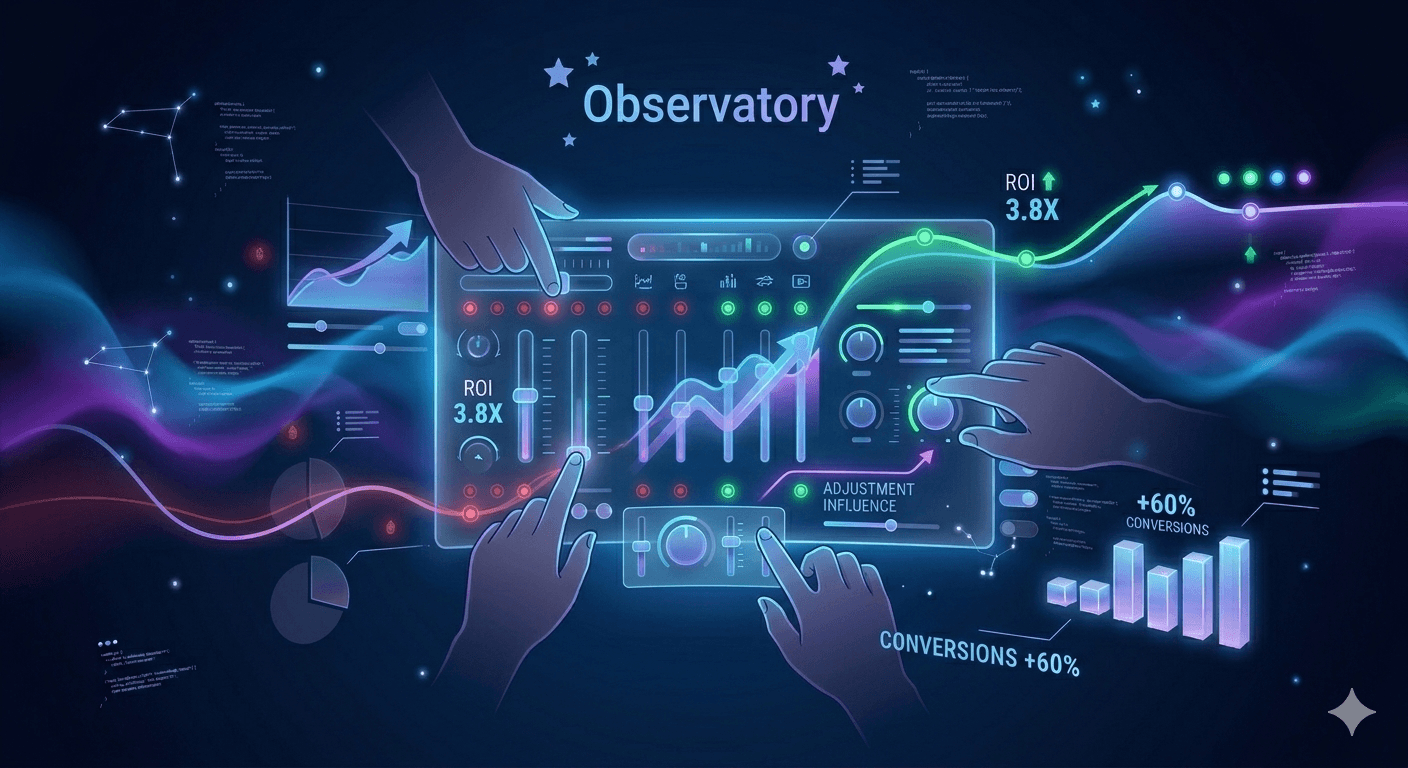 Campaign optimization illustration with hands adjusting a digital analytics dashboard showing charts and performance data.
