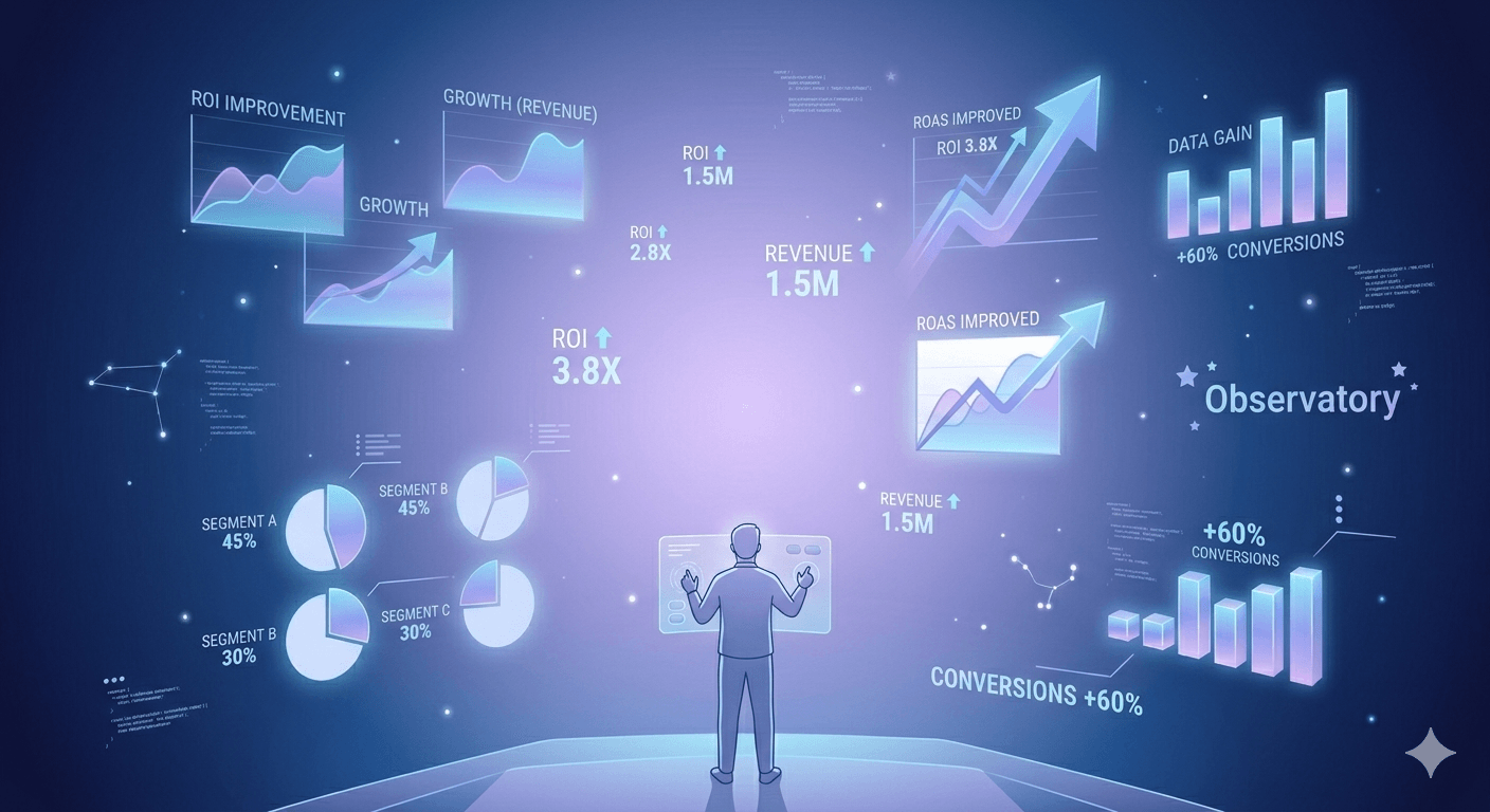 Retargeting campaign illustration with a person standing in front of large digital charts and customer data screens.
