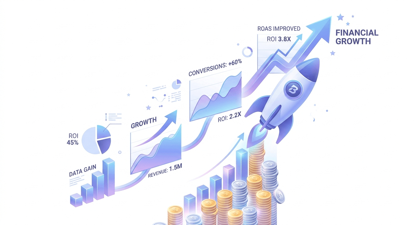 Budget scaling illustration with a rocket rising above coins and growth charts labeled financial growth.