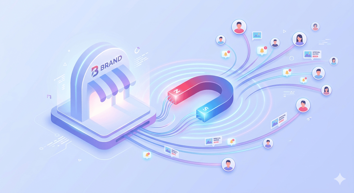 Performance analytics illustration with a large magnet attracting customer icons and brand engagement signals.