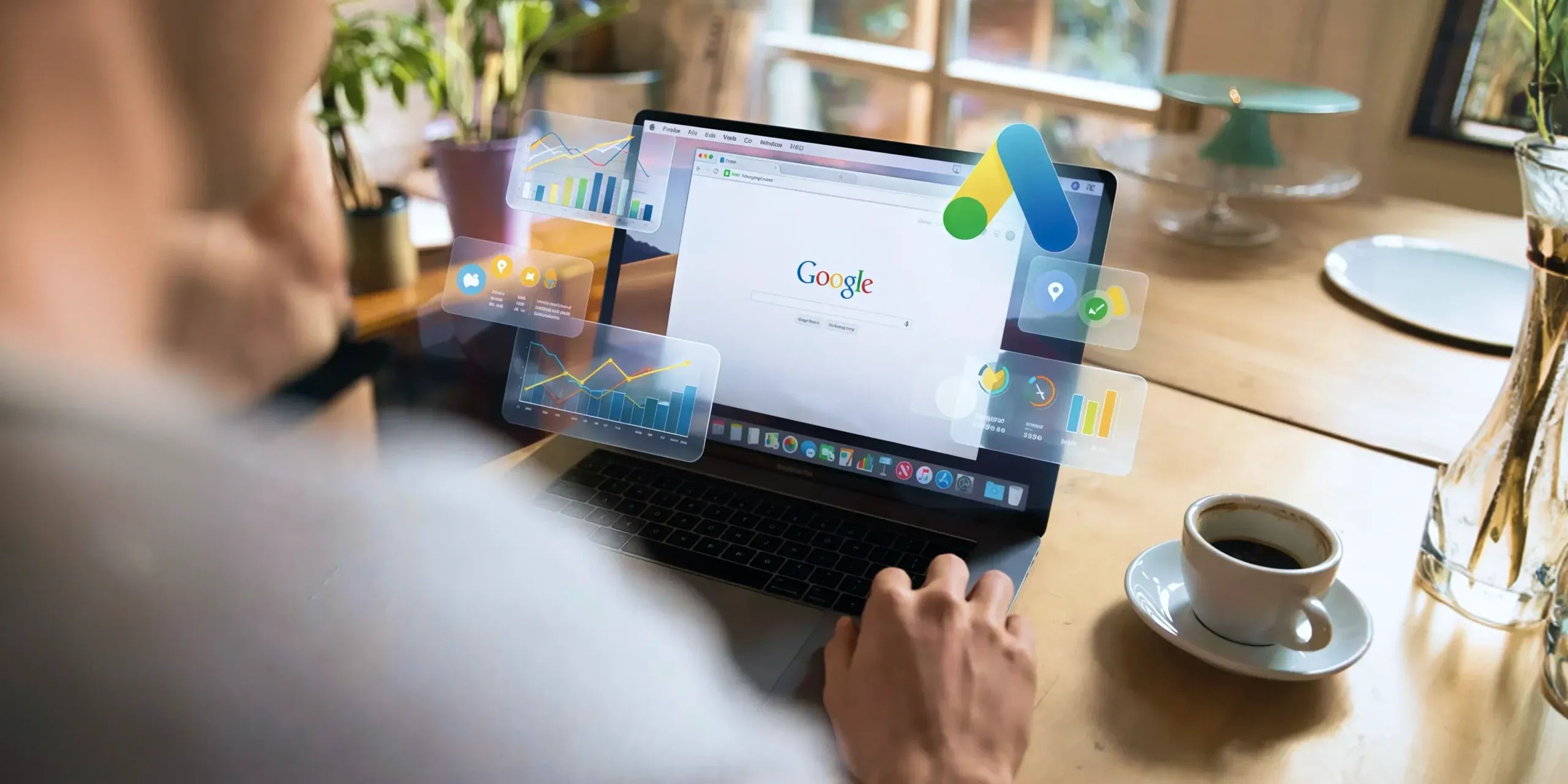 Person using a laptop with the Google homepage open and a Google Ads icon on the screen while sitting at a desk with coffee.