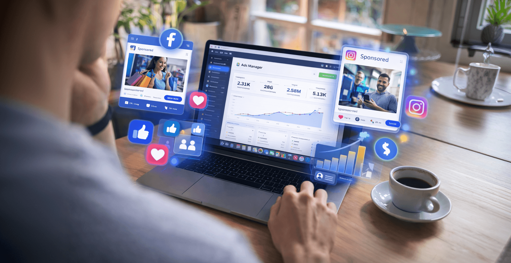 Person using a laptop with Facebook and Instagram ad graphics floating around the screen while sitting at a desk with coffee.