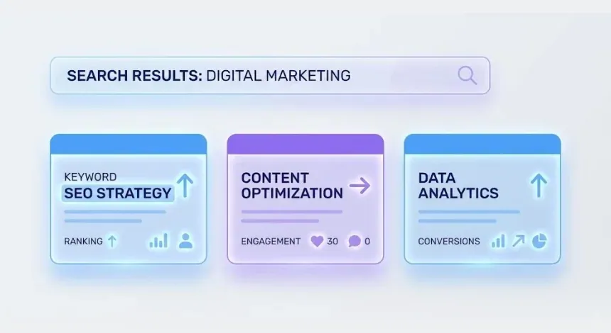 Competitive keyword strategy illustration with search results for digital marketing.