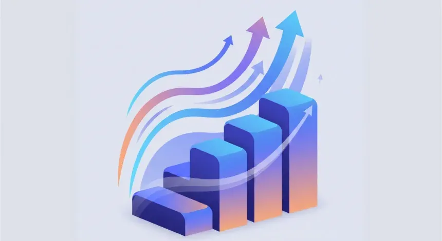 Authority and trust building illustration with upward arrows rising from stacked blocks.