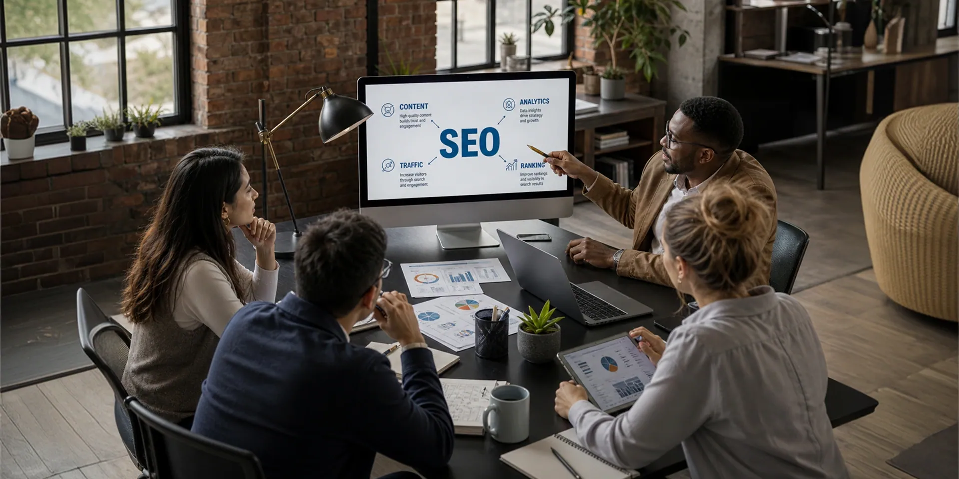 SEO strategy presentation with traffic analytics, content clustering, and ranking metrics
